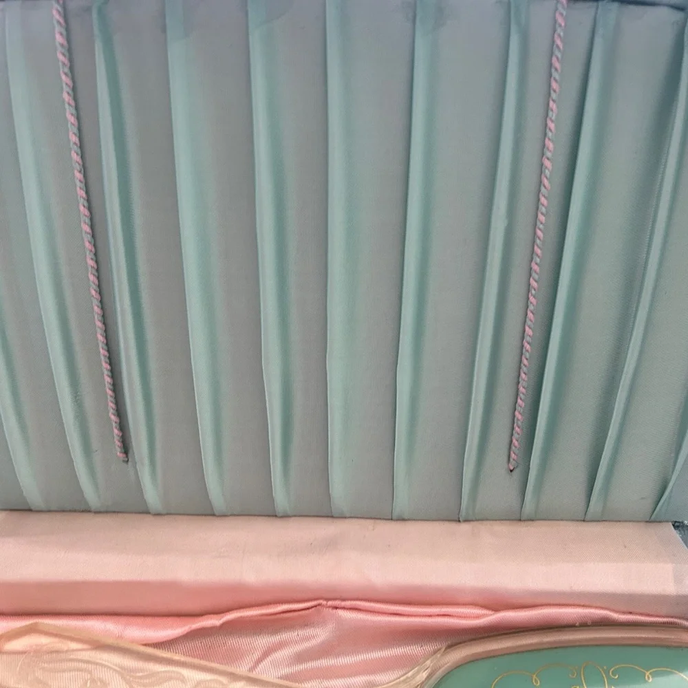 Vintage Green and Pink Vanity Mirror & Brush Set In Blue Fabric Covered Case